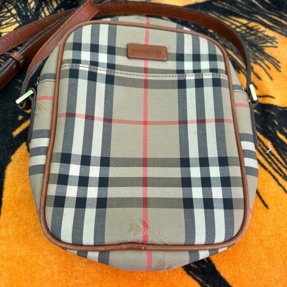 Burberry Tan and Brown Check Messenger Bag